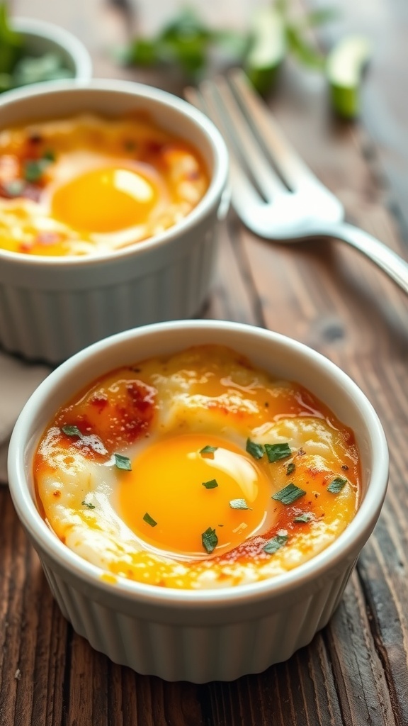 Air Fryer Baked Eggs Recipe Two ramekins of baked eggs with cheese and herbs on a rustic wooden table.